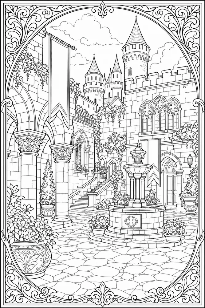 Realistic Adult Detailed Castle Courtyard printable coloring page