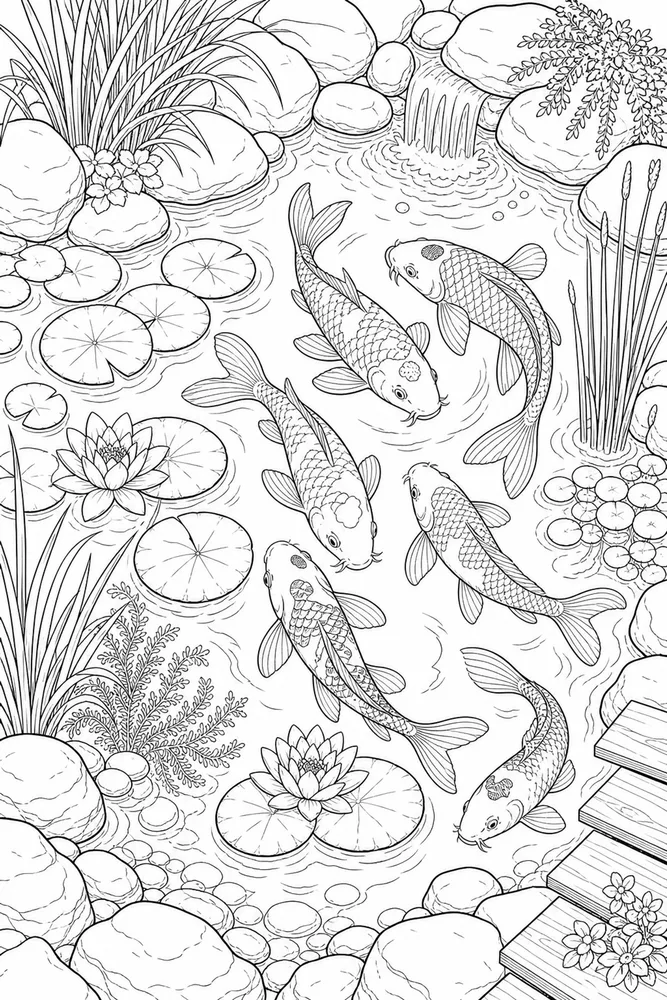 Realistic Adult Detailed Koi Pond printable coloring page