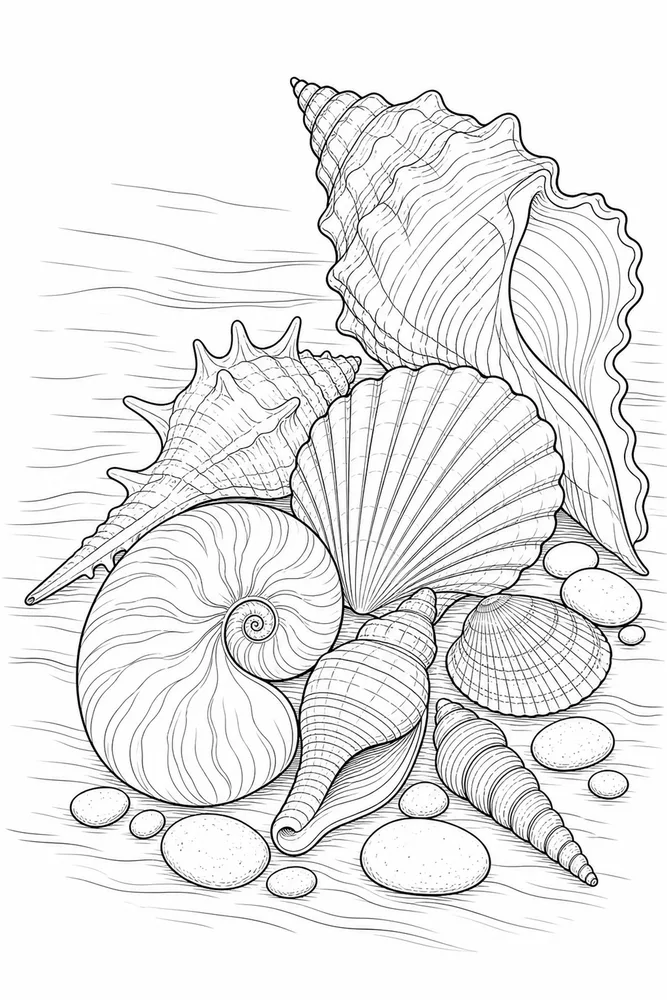 Realistic Adult Detailed Seashell Collection printable coloring page