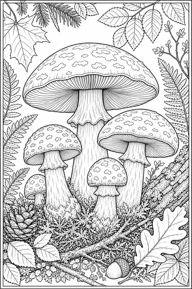 Realistic Adult Forest Mushrooms Closeup printable coloring page