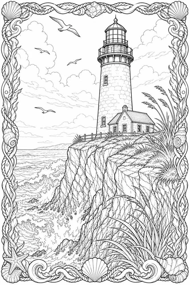 Realistic Adult Lighthouse Ocean Cliff Scene printable coloring page
