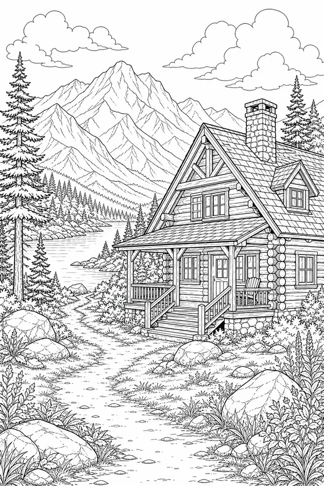 Realistic Adult Mountain Cabin Landscape printable coloring page