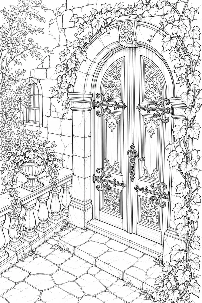 Realistic Adult Ornate Door and Vines printable coloring page