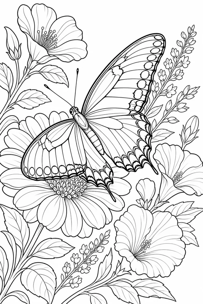 Realistic Adult Realistic Butterfly on Flowers printable coloring page
