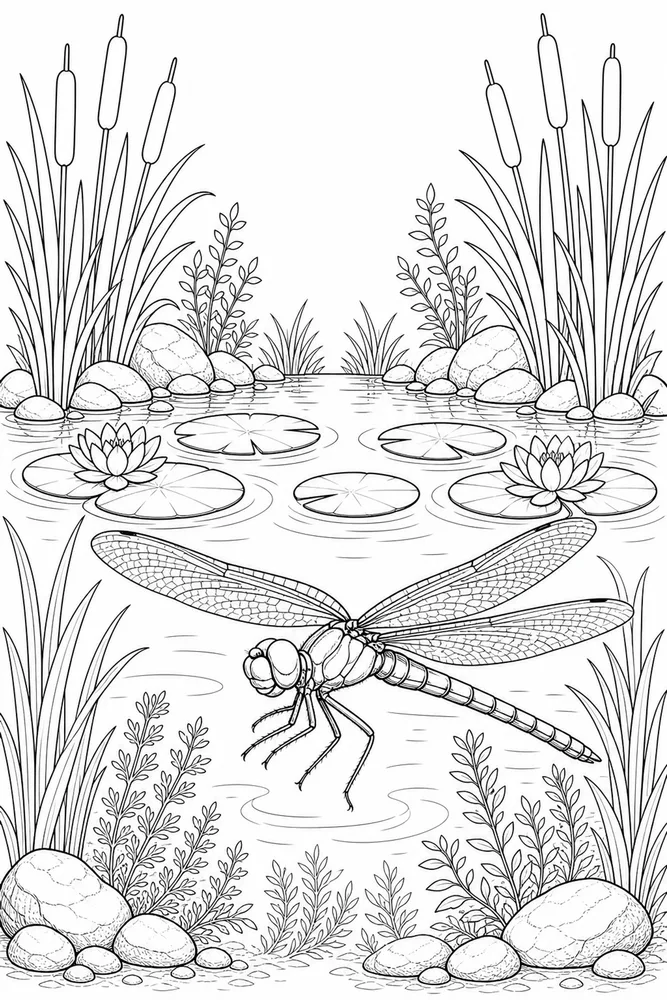Realistic Adult Realistic Dragonfly Pond printable coloring page