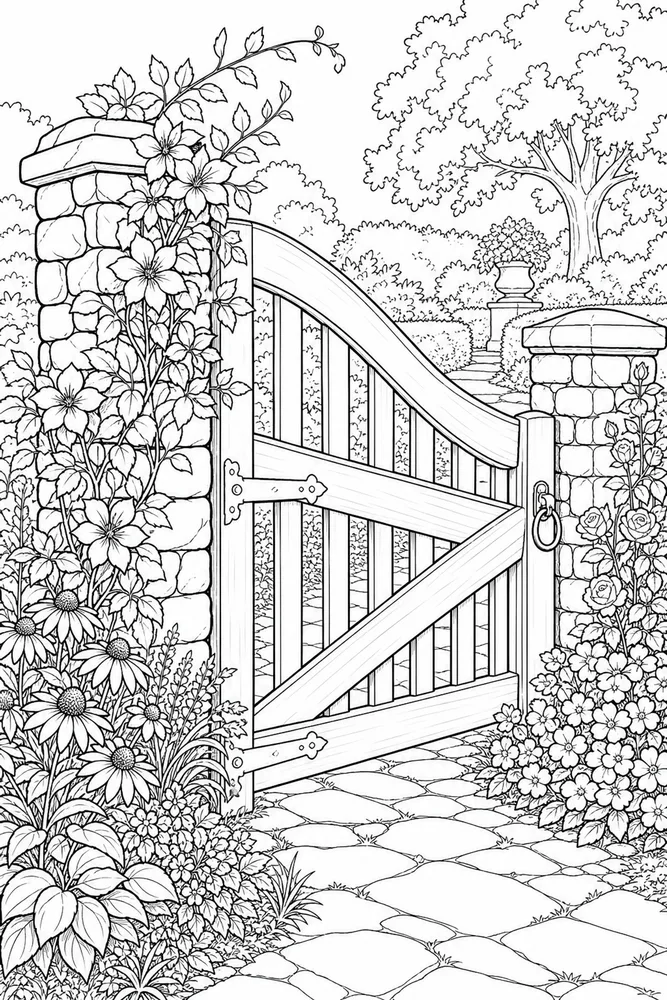 Realistic Adult Realistic Garden Gate printable coloring page