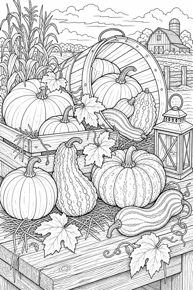 Realistic Adult Realistic Pumpkin Harvest Still Life printable coloring page
