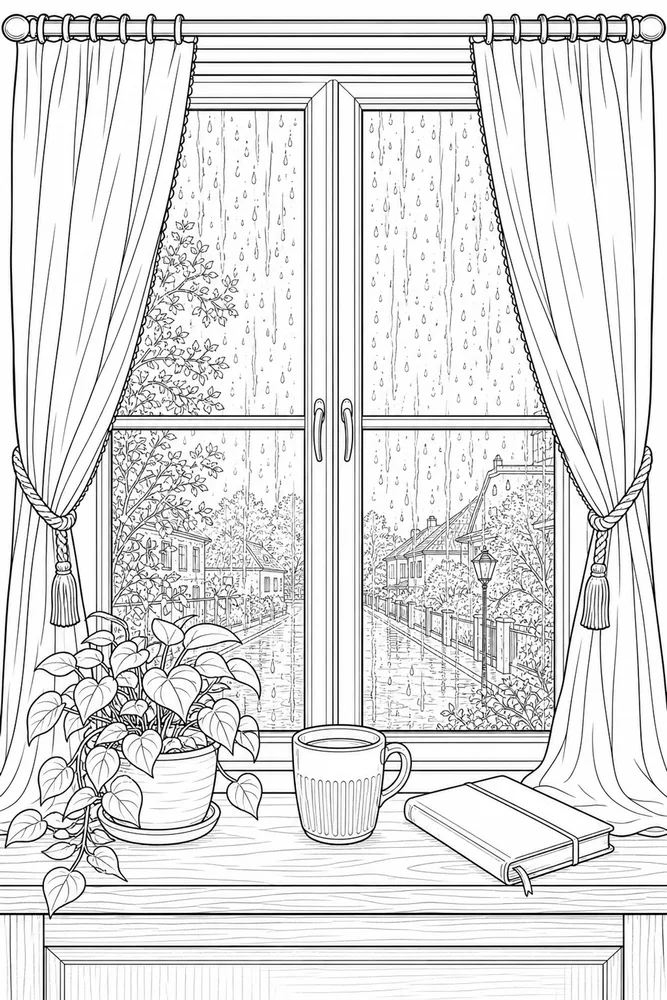 Realistic Adult Realistic Rainy Window Scene printable coloring page