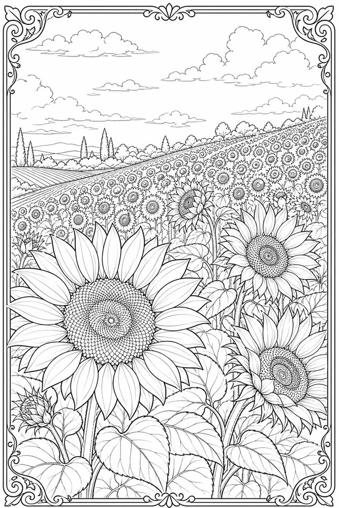 Realistic Adult Realistic Sunflower Field printable coloring page