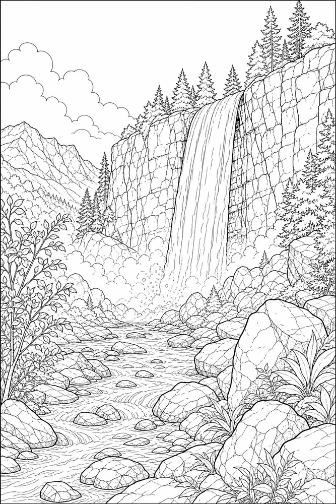 Realistic Adult Realistic Waterfall Landscape printable coloring page