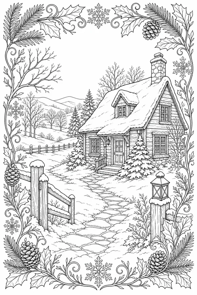 Realistic Adult Snowy Cottage Scene printable coloring page