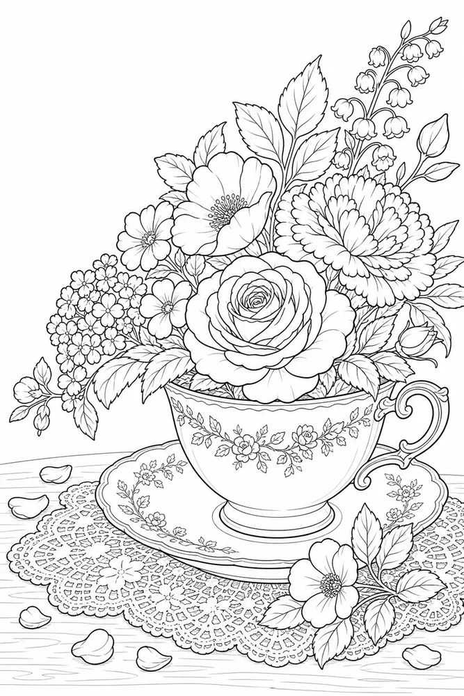 Realistic Adult Vintage Teacup and Flowers printable coloring page