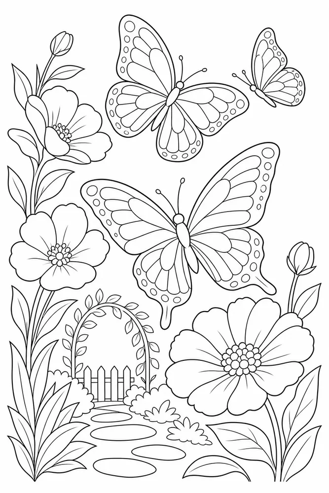Simple Adult Big Butterfly Garden printable coloring page