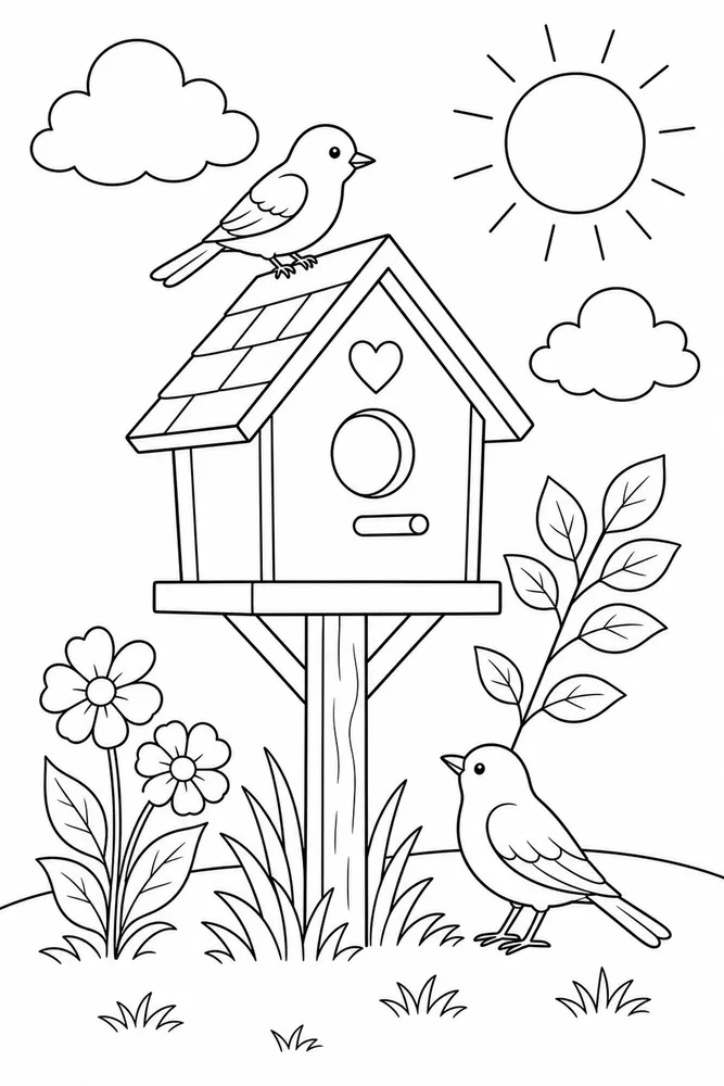 Simple Adult Easy Birdhouse Scene printable coloring page