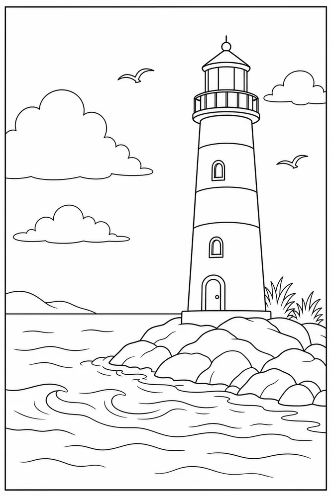 Simple Adult Easy Lighthouse Scene printable coloring page