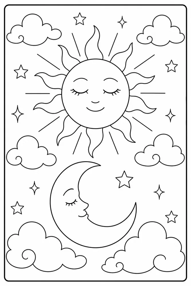 Simple Adult Easy Sun And Moon Design printable coloring page