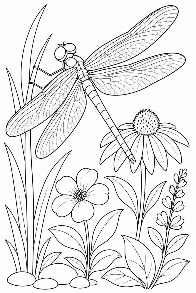 Simple Adult Large Dragonfly Garden printable coloring page