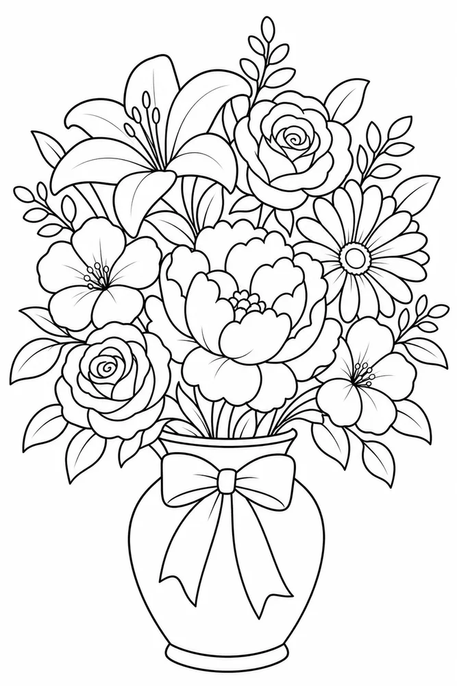 Simple Adult Large Flower Bouquet printable coloring page