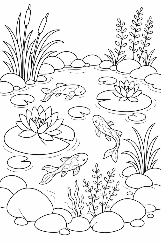 Simple Adult Simple Fish Pond printable coloring page
