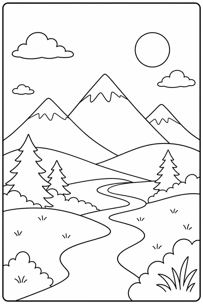Simple Adult Simple Mountain Landscape printable coloring page