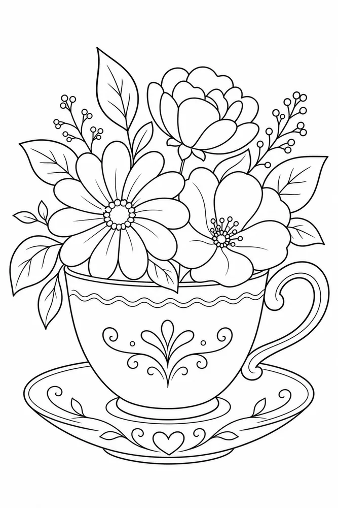Simple Adult Simple Teacup Flowers printable coloring page