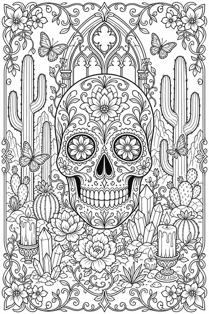 Skull Adult Desert Skull Cactus Scene printable coloring page