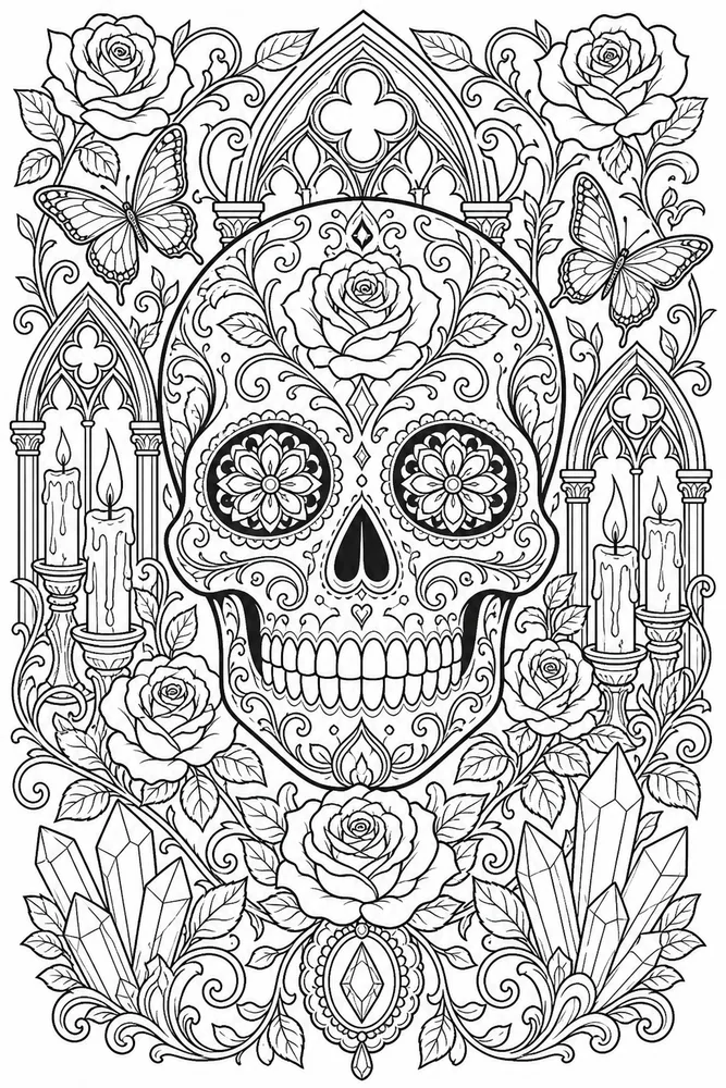 Skull Adult Ornate Skull With Roses printable coloring page