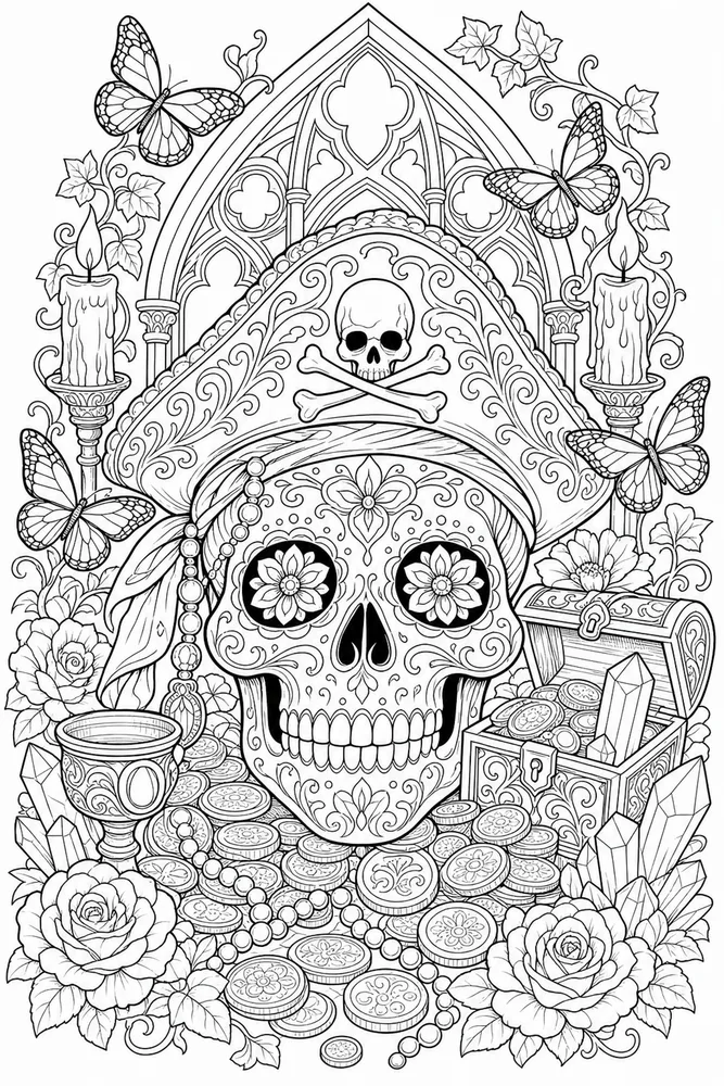 Skull Adult Pirate Skull Treasure Still Life printable coloring page