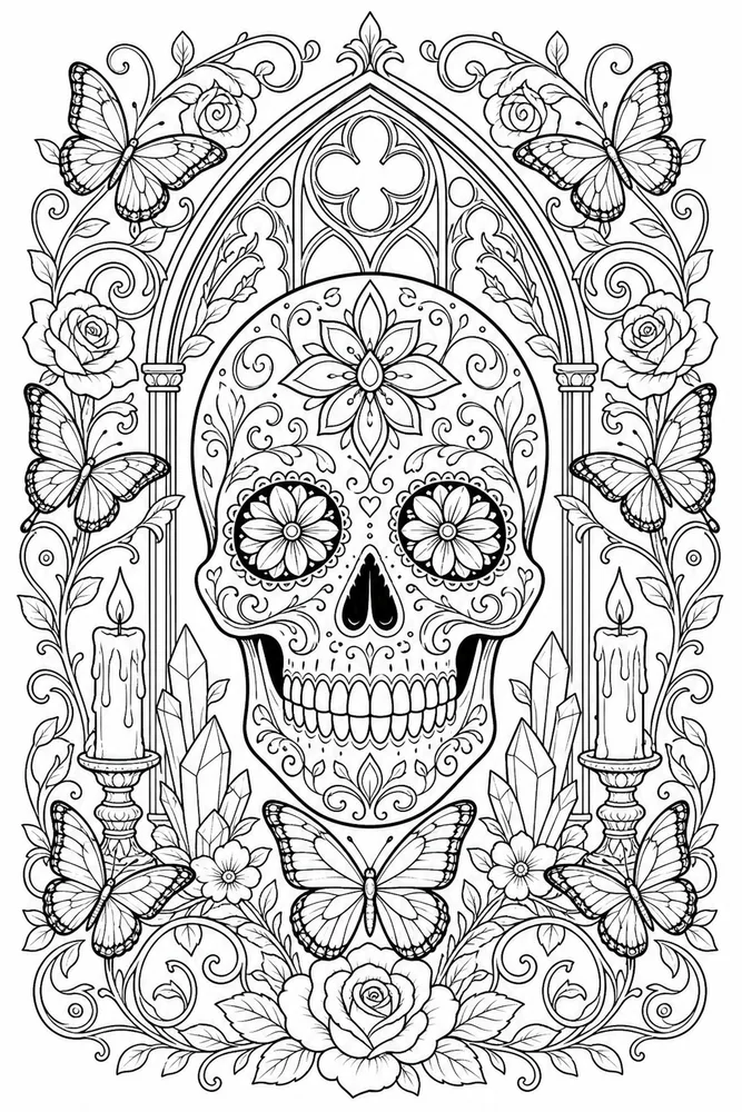 Skull Adult Skull And Butterfly Frame printable coloring page