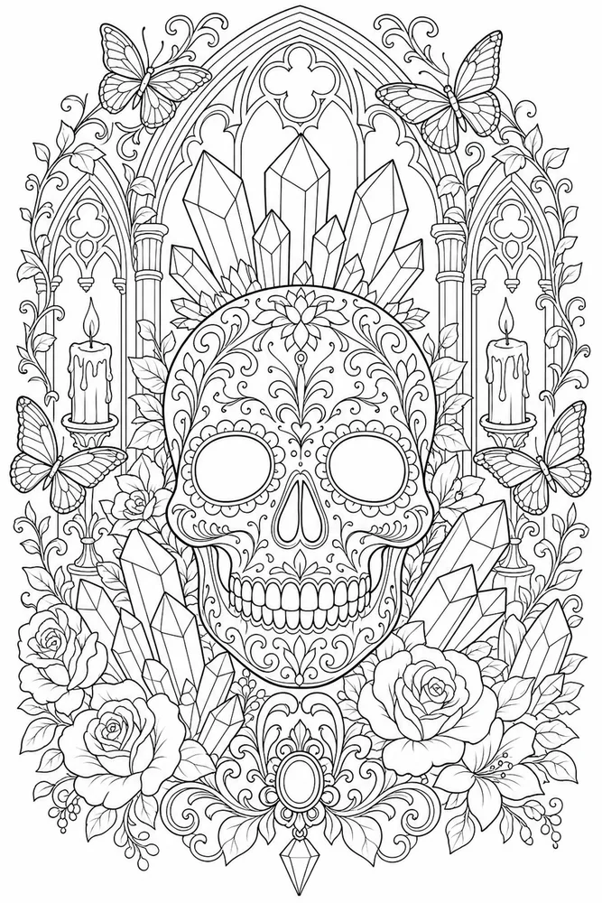 Skull Adult Skull And Crystals printable coloring page