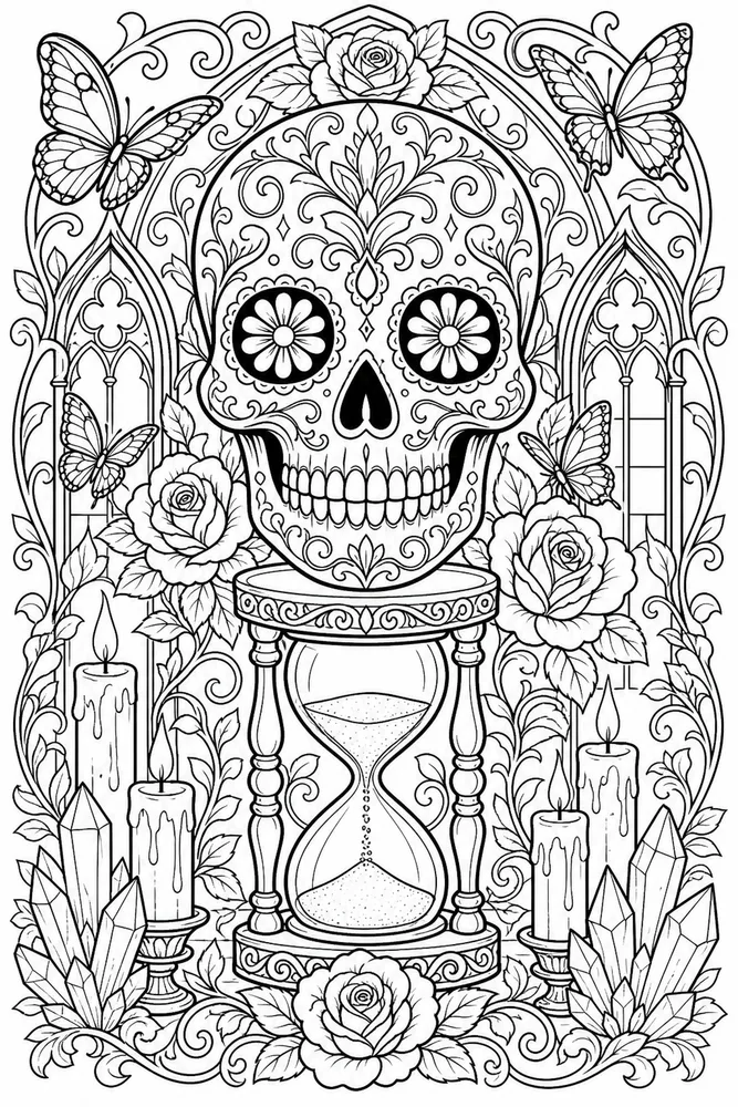 Skull Adult Skull And Hourglass printable coloring page