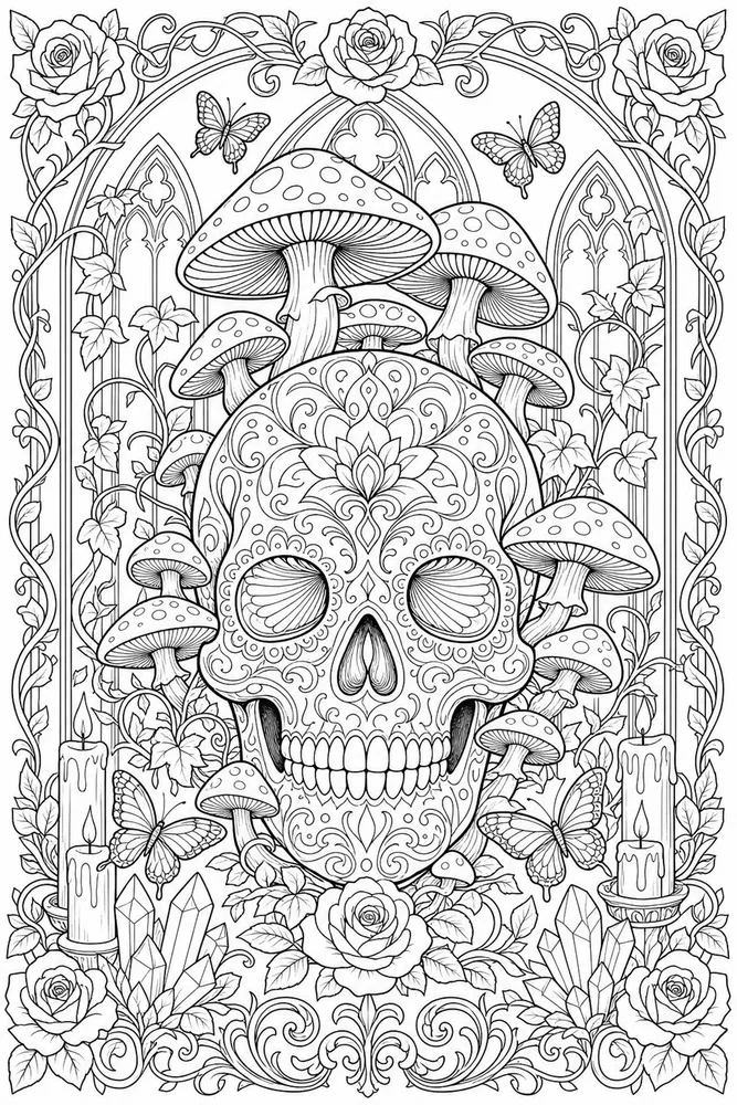 Skull Adult Skull And Mushrooms printable coloring page