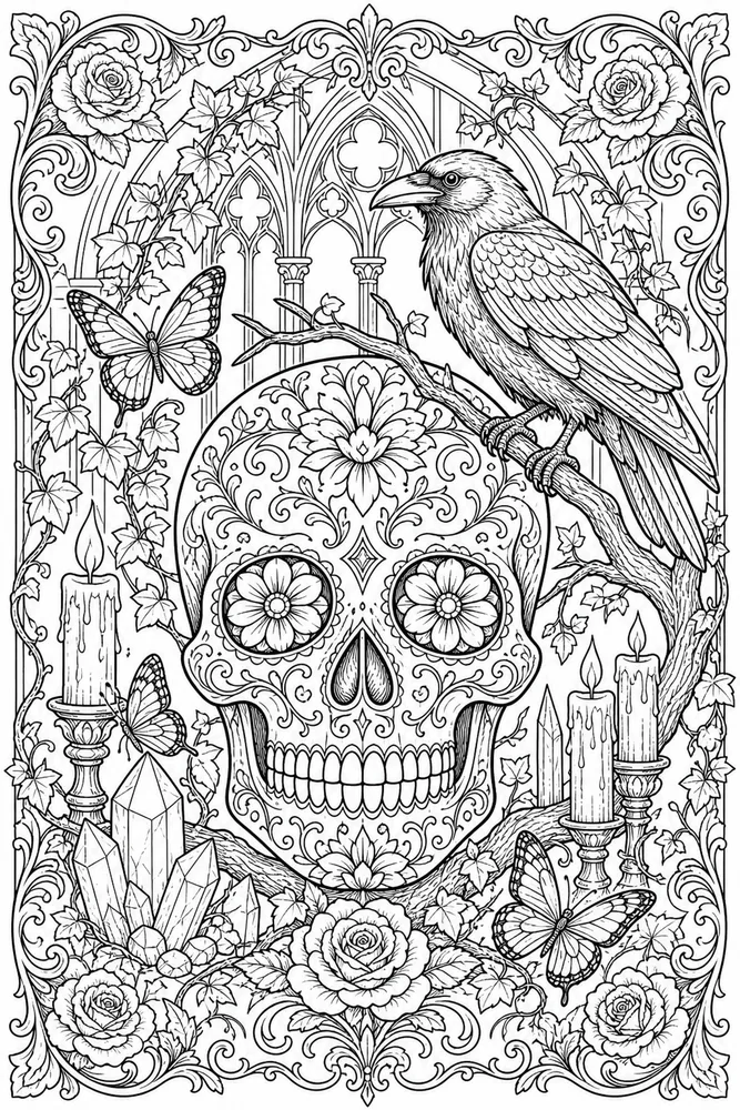 Skull Adult Skull And Raven Branch printable coloring page