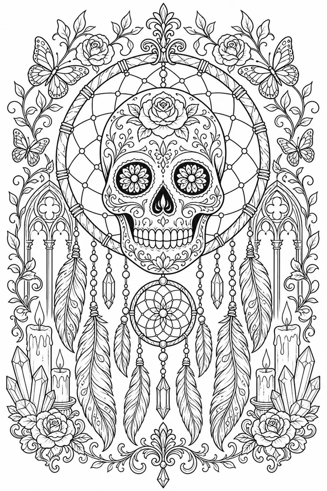 Skull Adult Skull Dreamcatcher Design printable coloring page