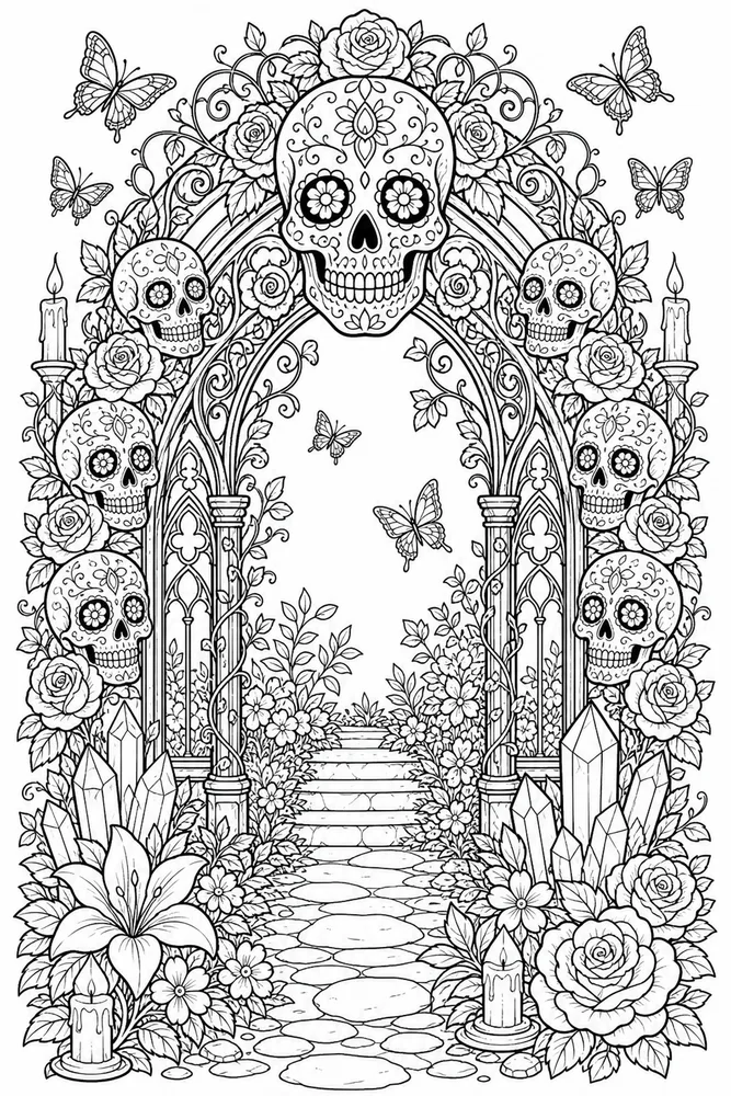 Skull Adult Skull Garden Arch printable coloring page