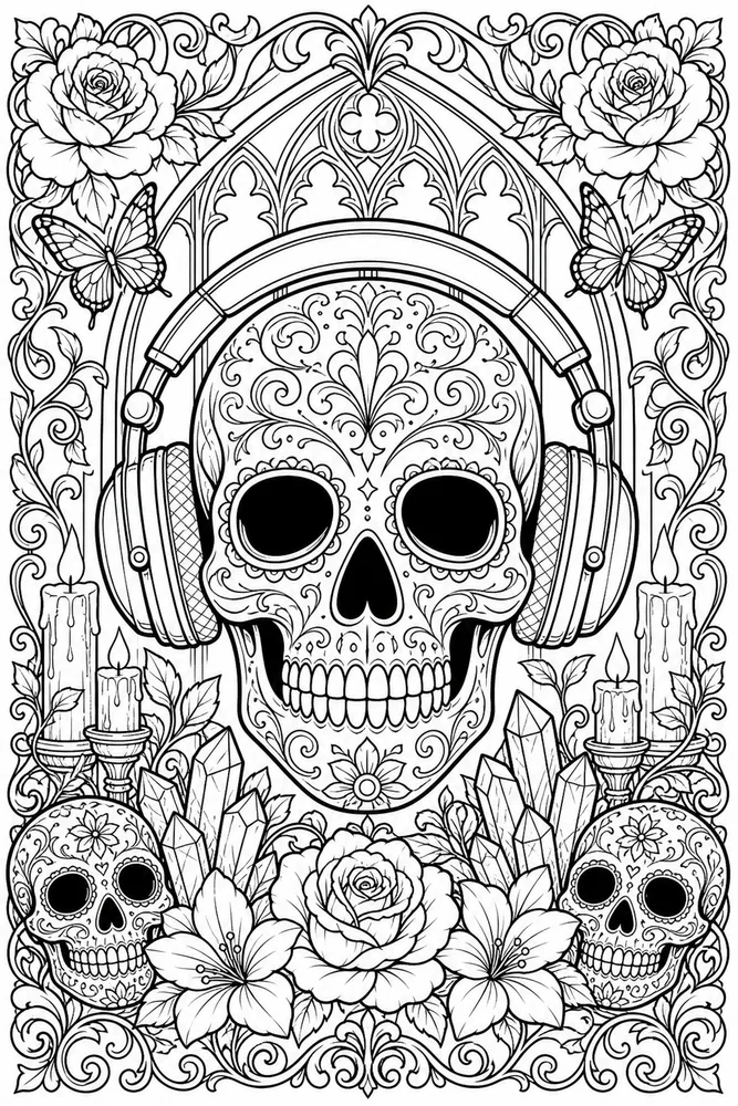 Skull Adult Skull Music Headphones printable coloring page