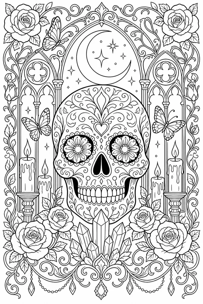 Skull Adult Skull Under Crescent Moon printable coloring page