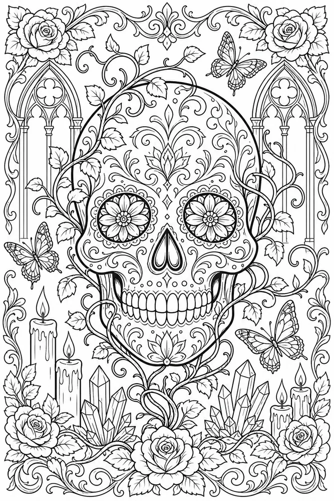 Skull Adult Skull With Curling Vines printable coloring page