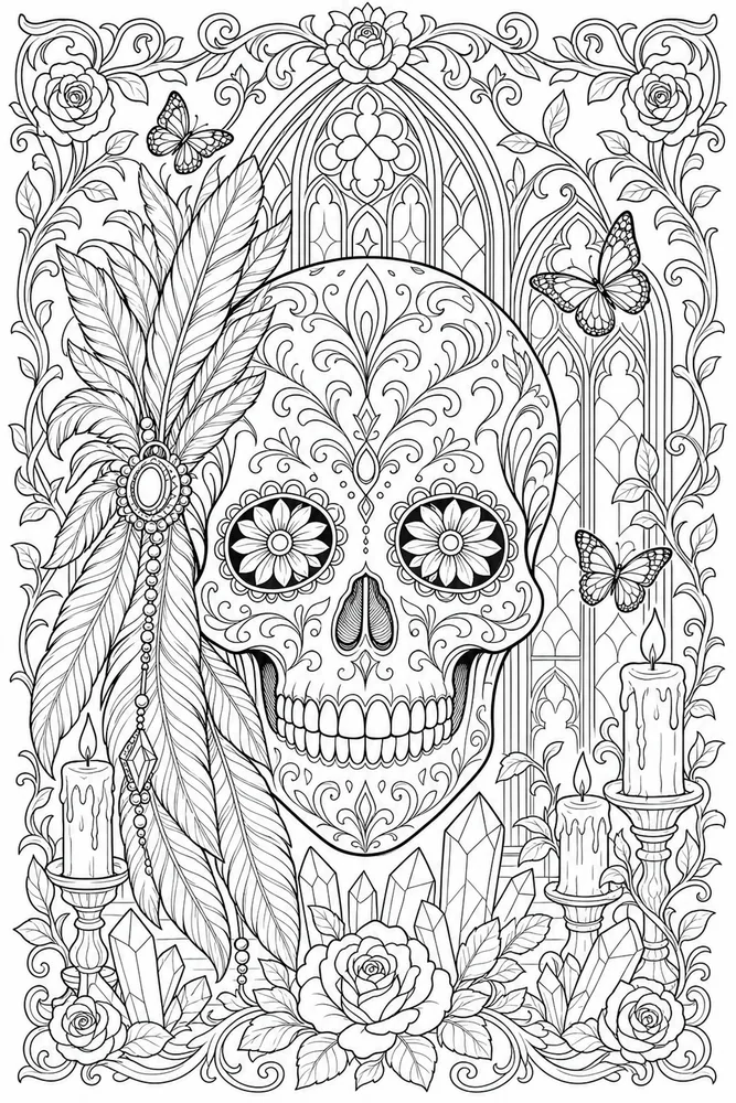 Skull Adult Skull With Feathers printable coloring page