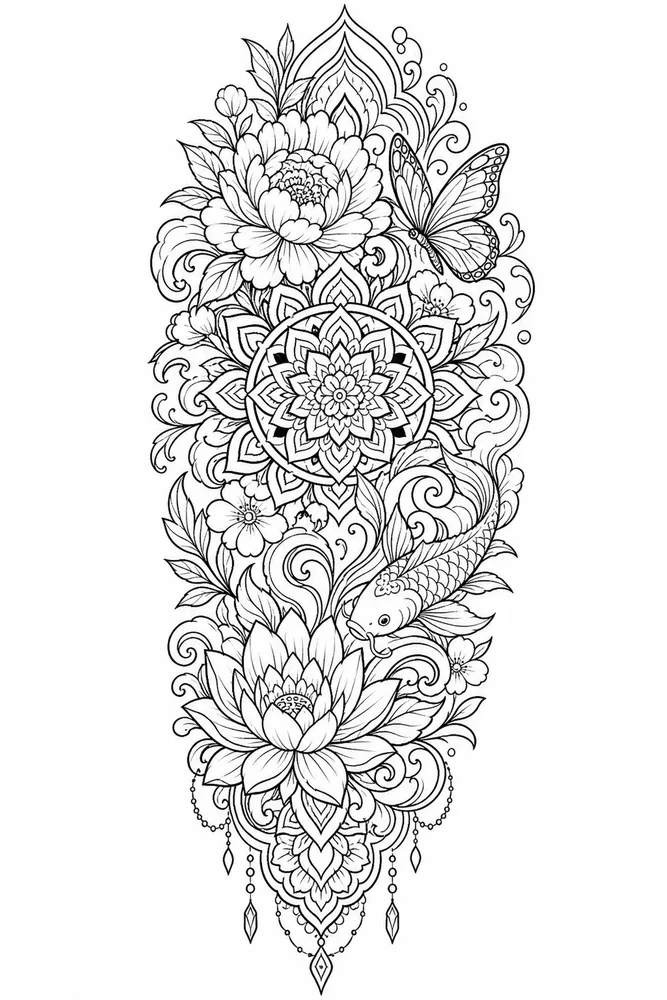 Tattoo Adult Floral Sleeve Tattoo Study printable coloring page