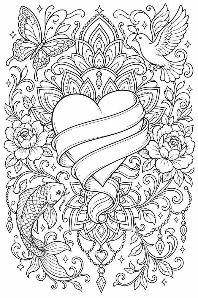 Tattoo Adult Heart Ribbon Tattoo printable coloring page