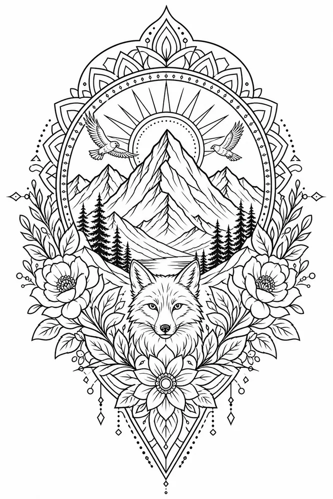 Tattoo Adult Mountain Tattoo Badge printable coloring page