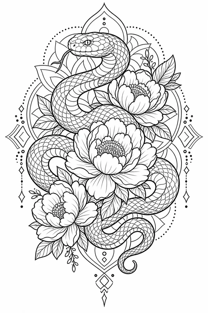 Tattoo Adult Snake And Flower Tattoo printable coloring page