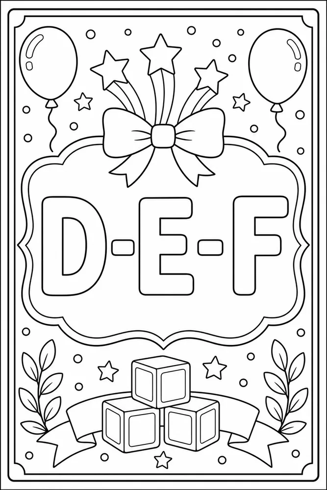 Printable D E F alphabet coloring page with large outline letters for classroom letter practice.