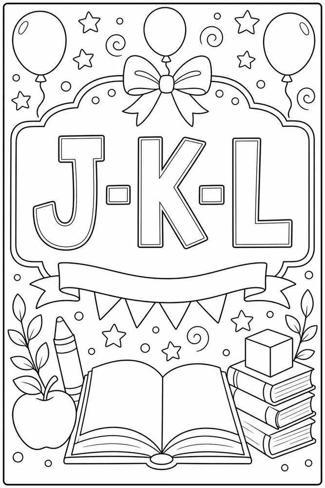 Printable J K L alphabet coloring page with large outline letters for classroom letter practice.