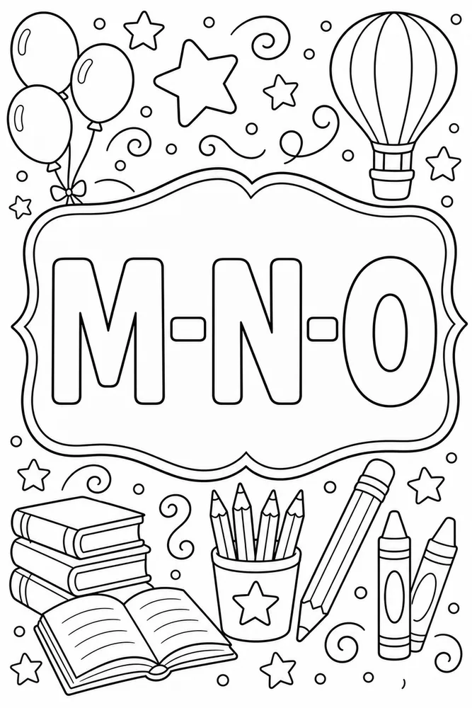 Printable M N O alphabet coloring page with large outline letters for classroom letter practice.