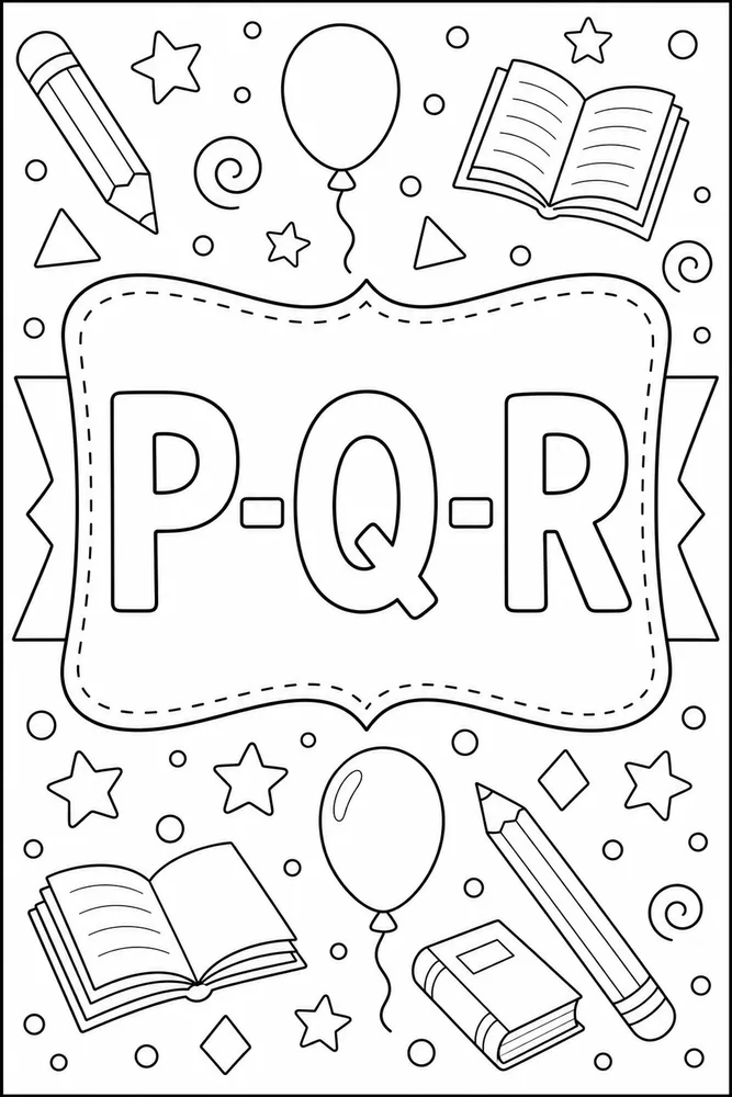 Printable P Q R alphabet coloring page with large outline letters for classroom letter practice.
