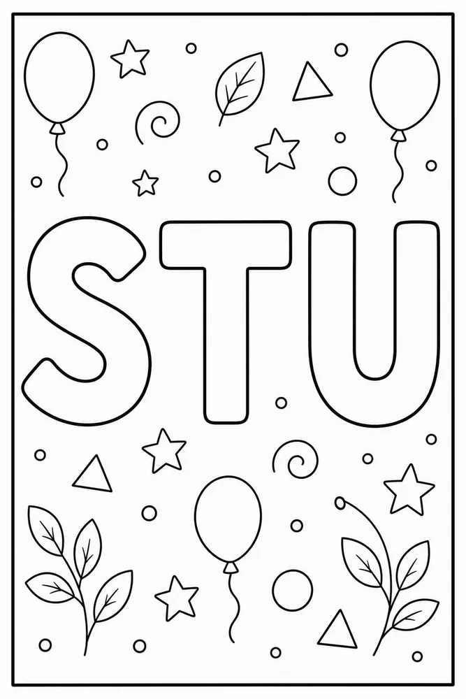 Printable S T U alphabet coloring page with large outline letters for classroom letter practice.