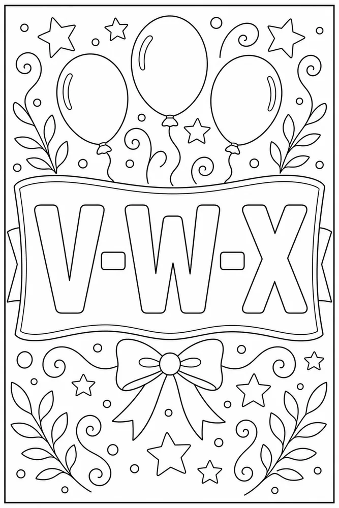 Printable V W X alphabet coloring page with large outline letters for classroom letter practice.
