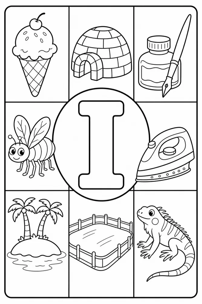 Letter I Letter I Phonics Picture Grid printable coloring page
